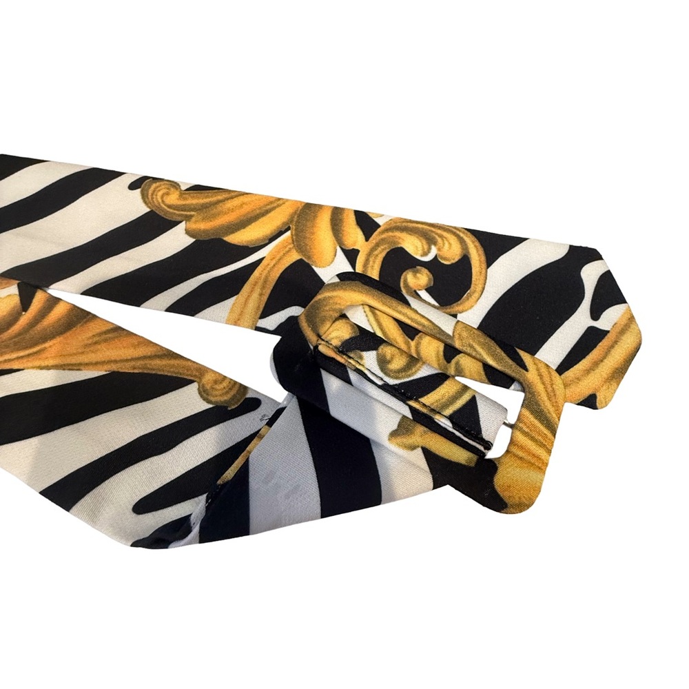 Baroque Zebra Print Skinny Scarf Belt - Black, White & Gold 90s style